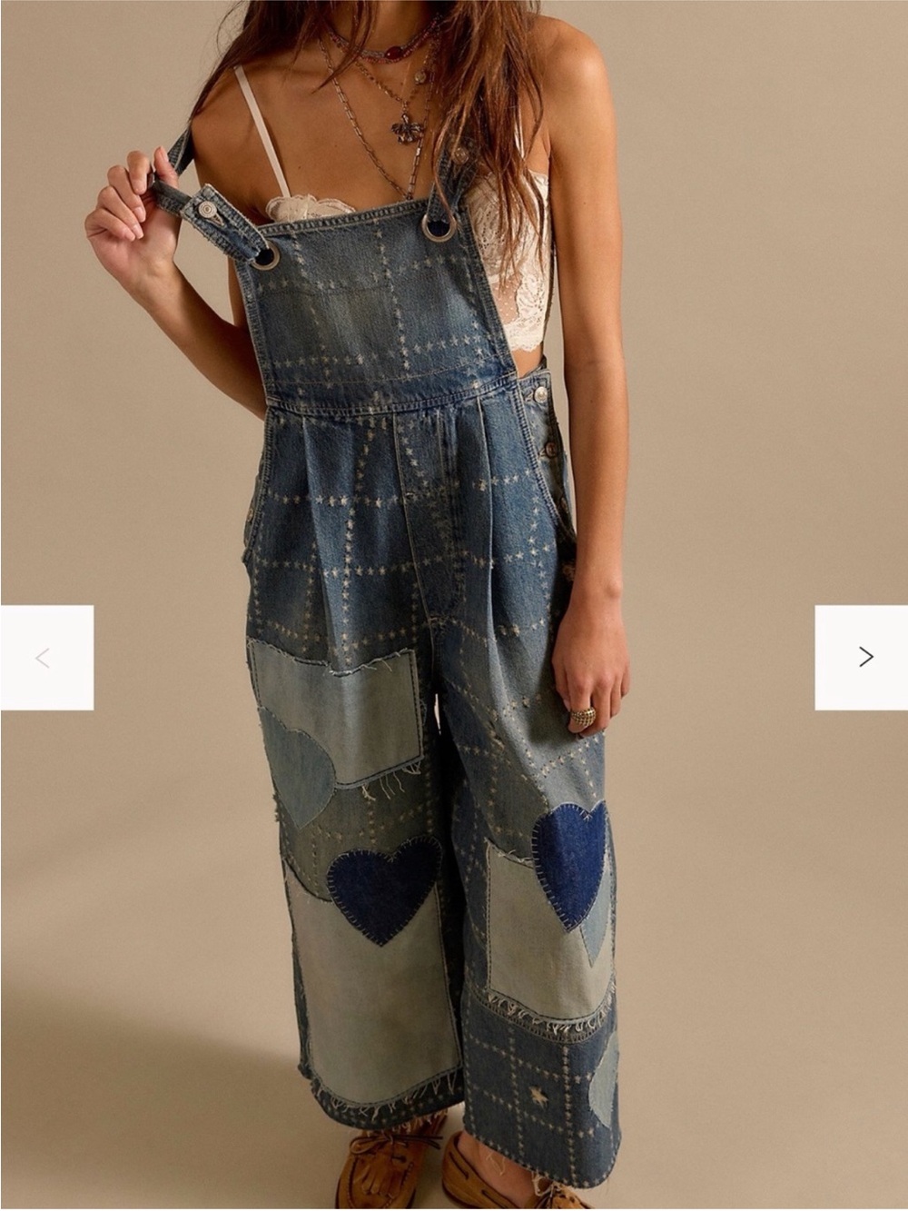 Free People Blue Patchwork Heart Denim Overalls - Picture 1 of 5